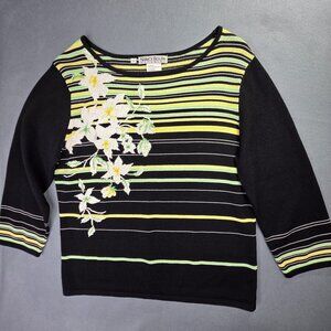 Vintage Nancy Bolen Sweater Womens L Black Striped Floral Embroidered City Girl